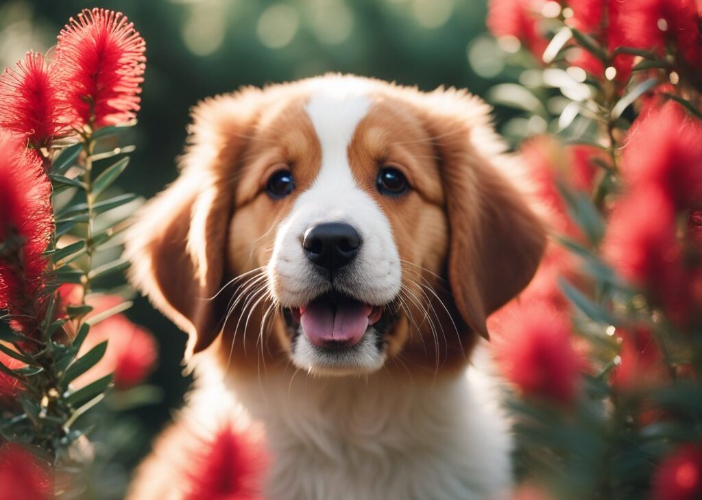 dog with bottle brush plants