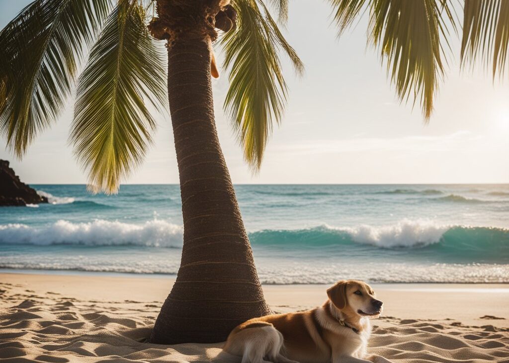 labrador next to palm tree on a beach