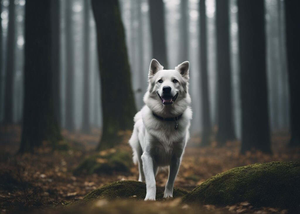 white dog in forest 