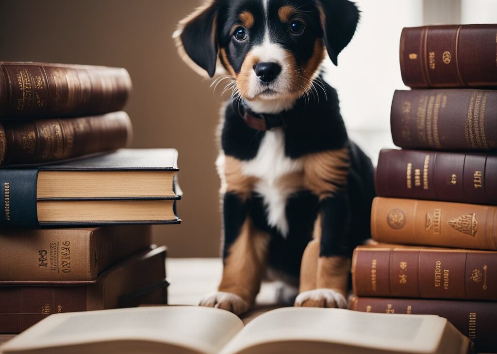 puppy reading a book