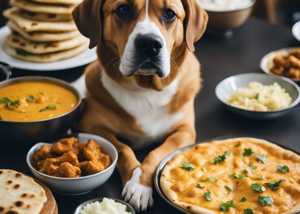dog with butter chicken and naan