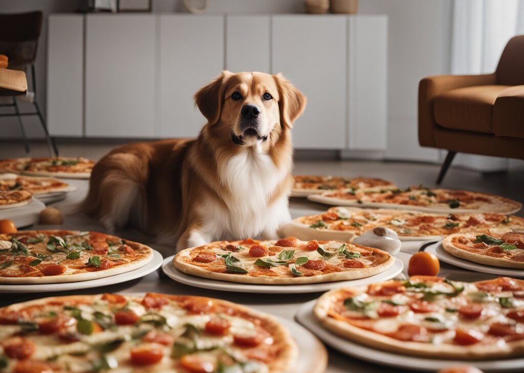 golden retriever surrounded by pizzas