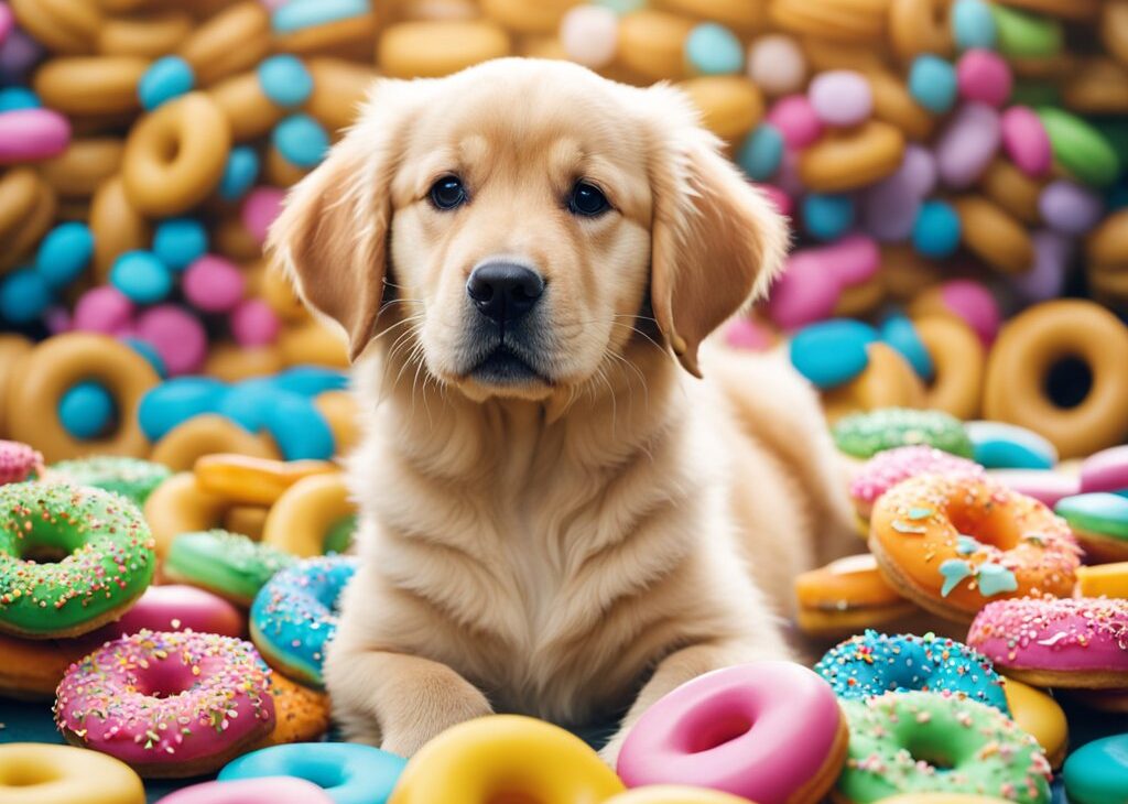 labrador surrounded by donuts