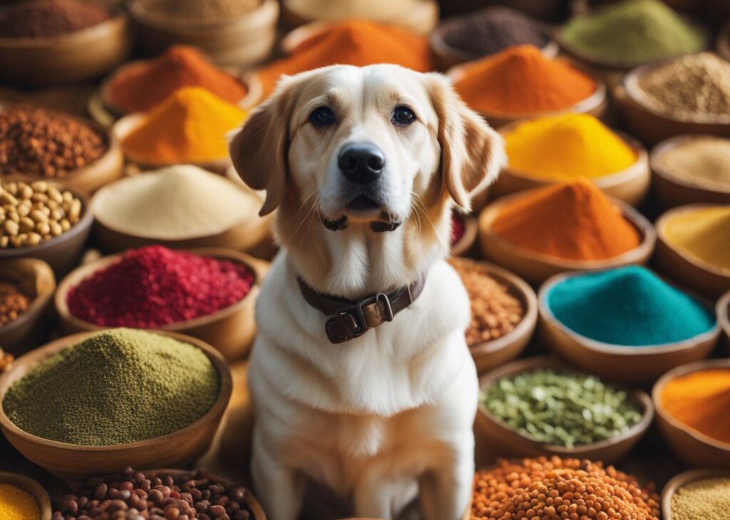 labrador surrounded by pots of spices