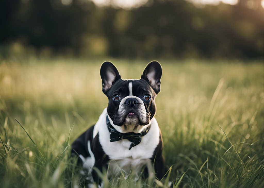 black and white french bulldog in field