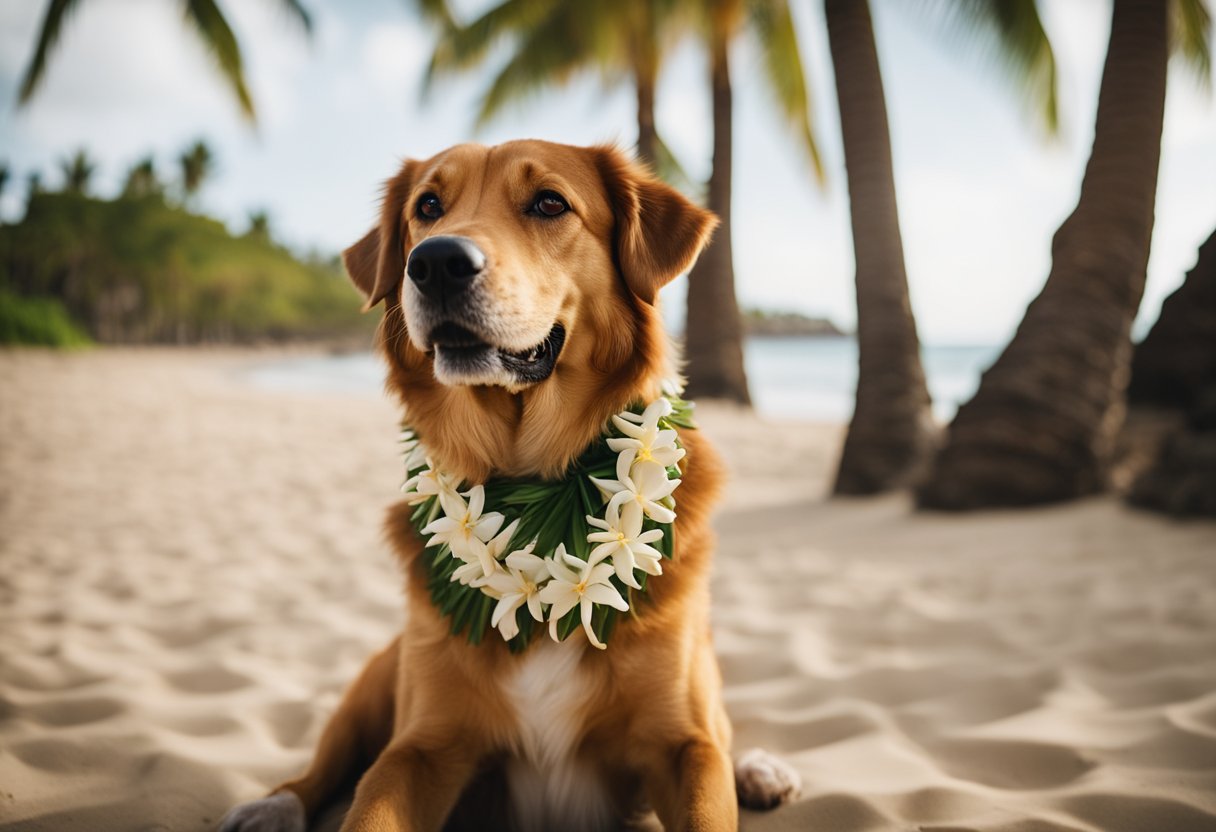labrador on hawaiian beach with flowers