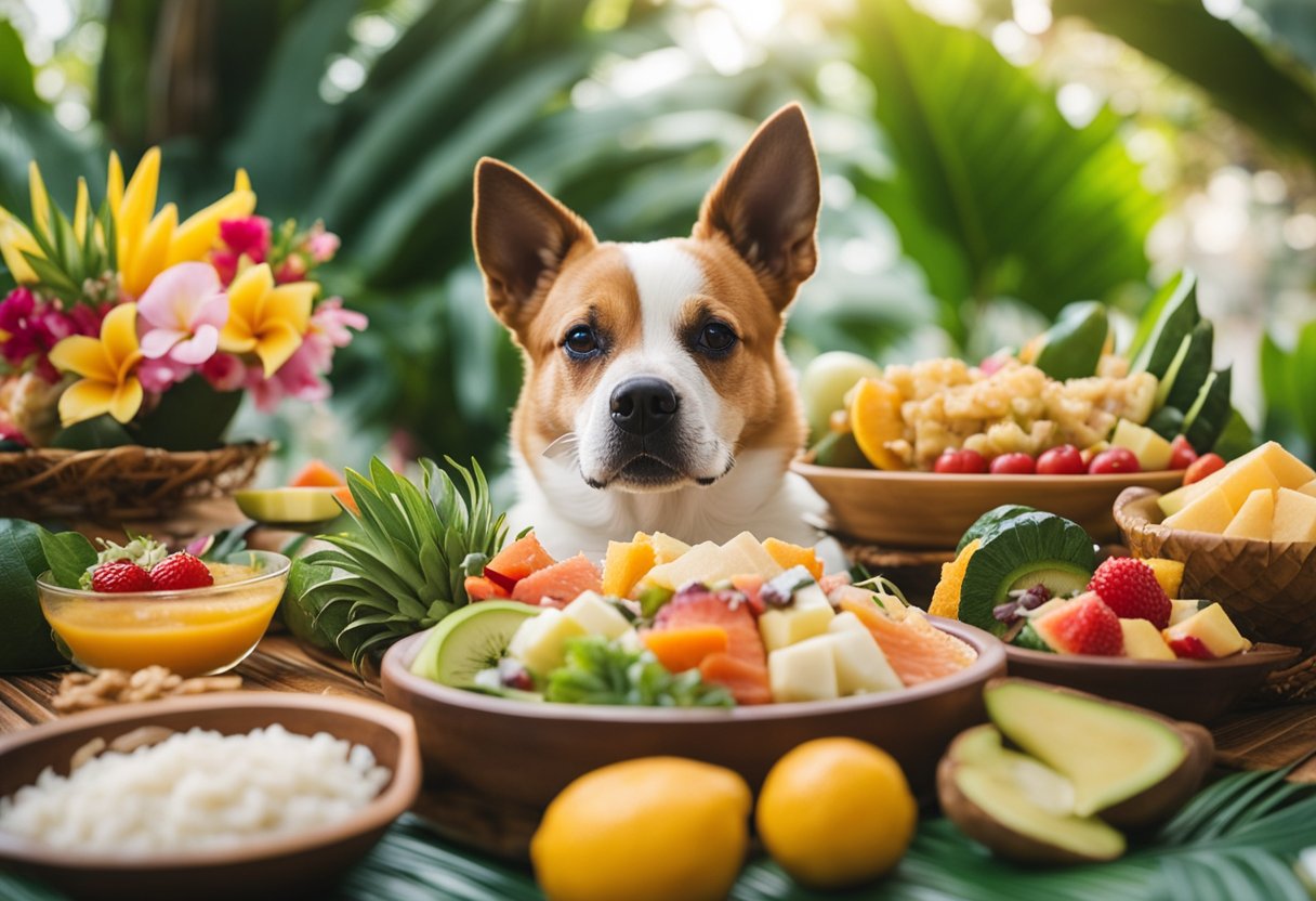 dog surrounded by hawaiian food