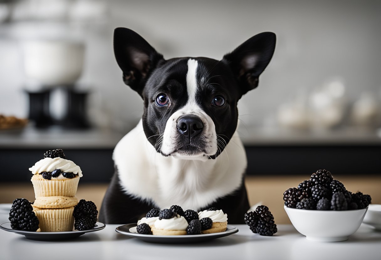 black and white french bulldog with blackberries and cupcakes