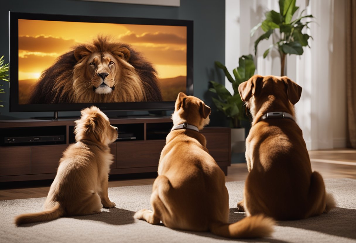 three dogs watching a lion on tv