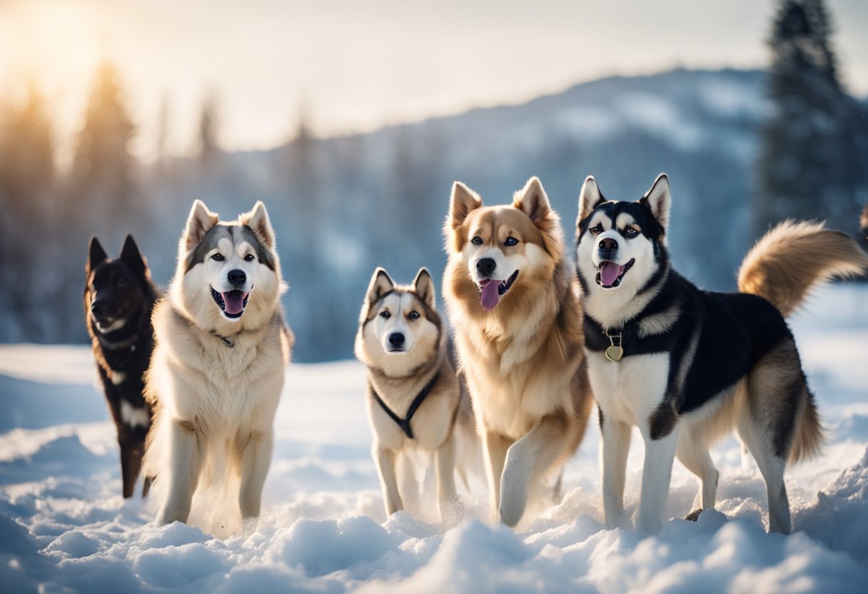 five dogs in the snow