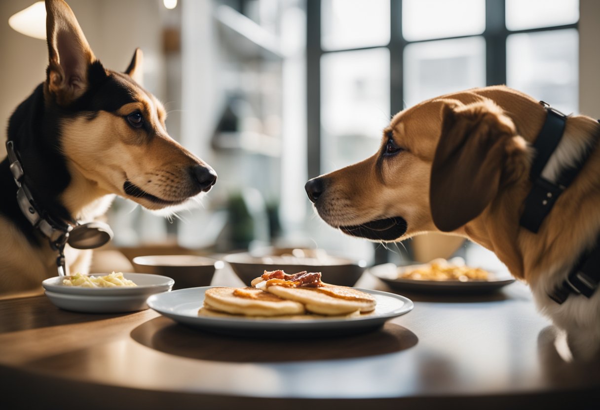 two dogs at a table with pancakes