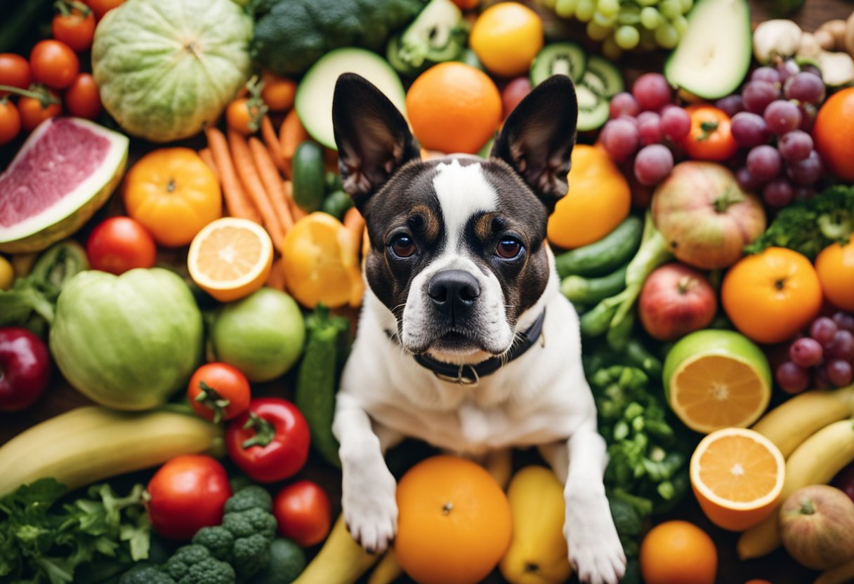 french bulldog surrounded by fruit and veg