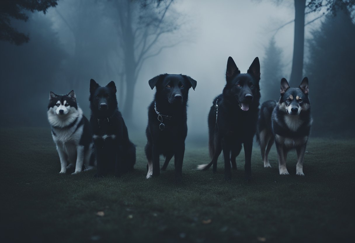 five dogs in dark, foggy forest