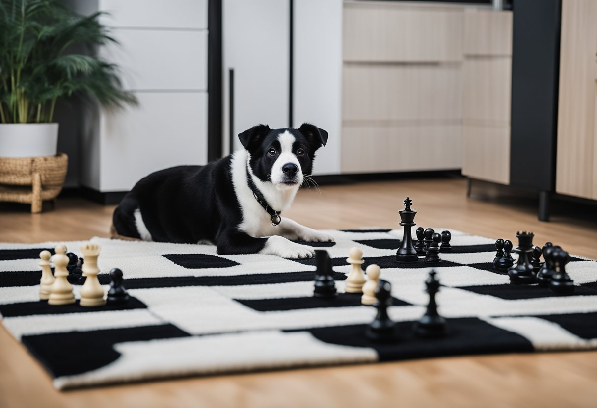black and white dog on chessboard rug inside