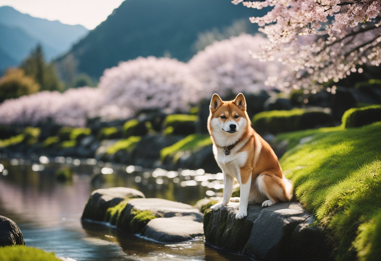 shiba inu on rock next to river with cherry blossoms