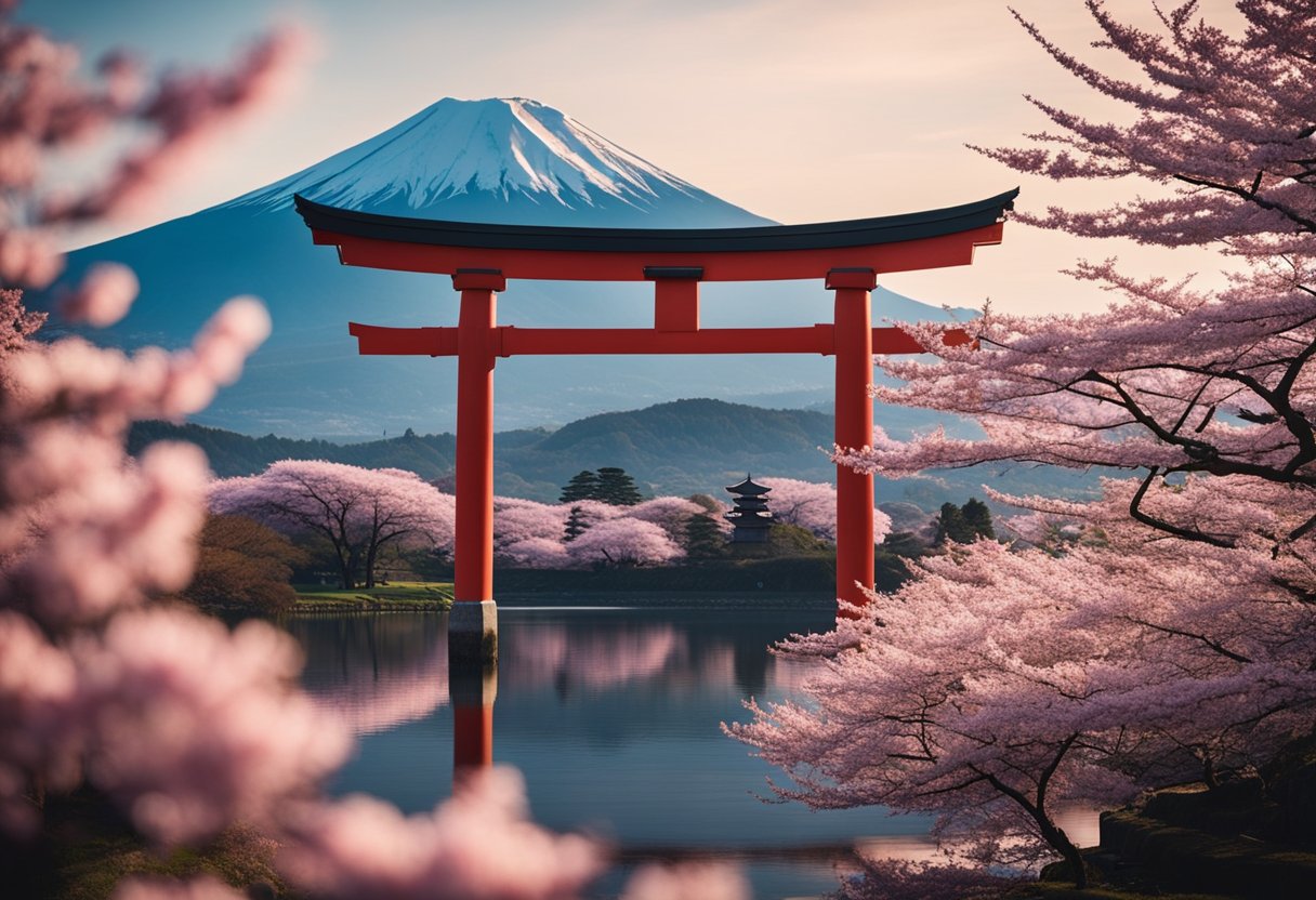 japanese landscape with mountain and cherry blossoms