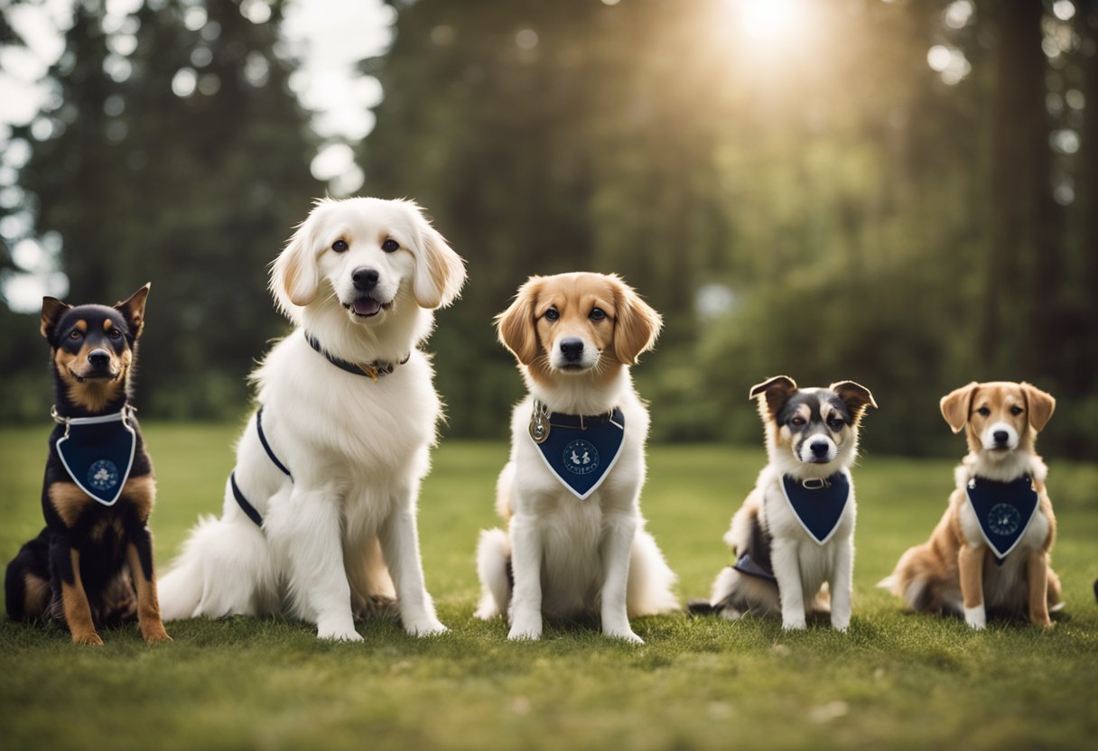 five dogs in a field with navy blue bandanas