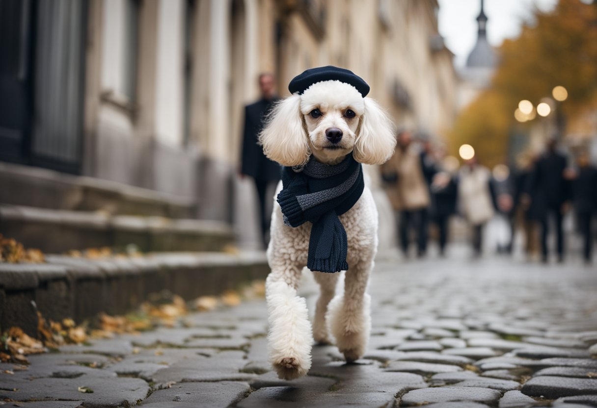 poodle with beret and scarf walking down french street