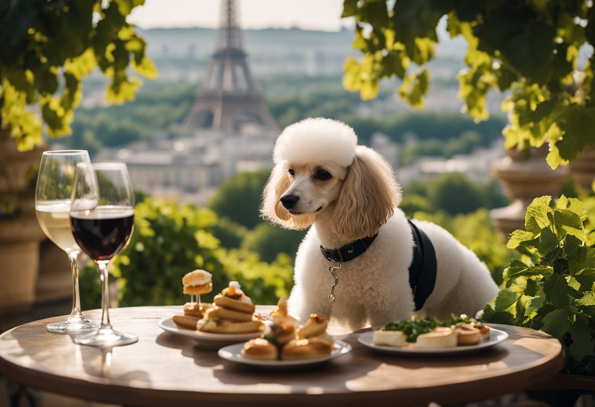 poodle having dinner with eiffel tower in the background