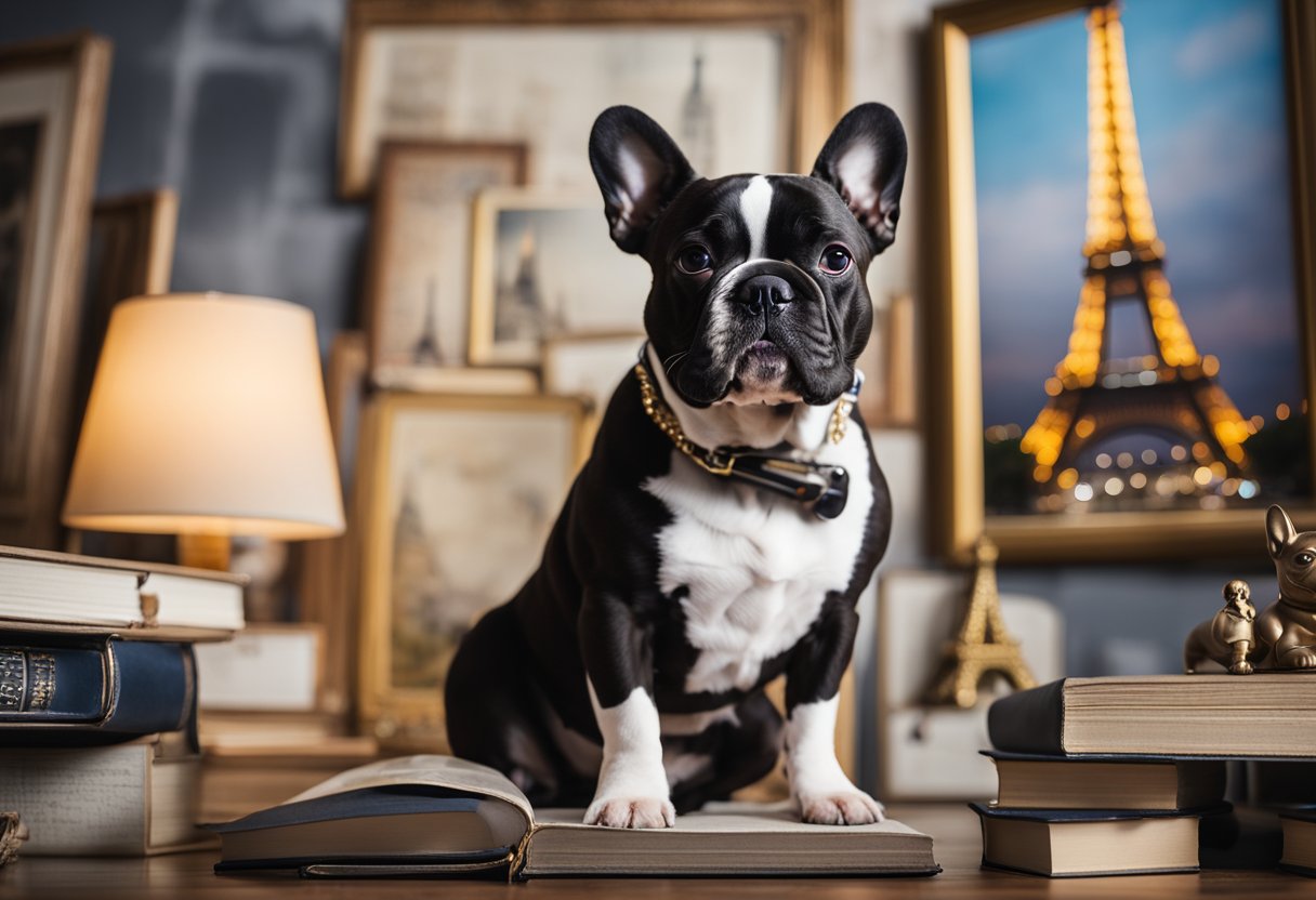 french bulldog on a desk with books and eiffel tower painting in the background