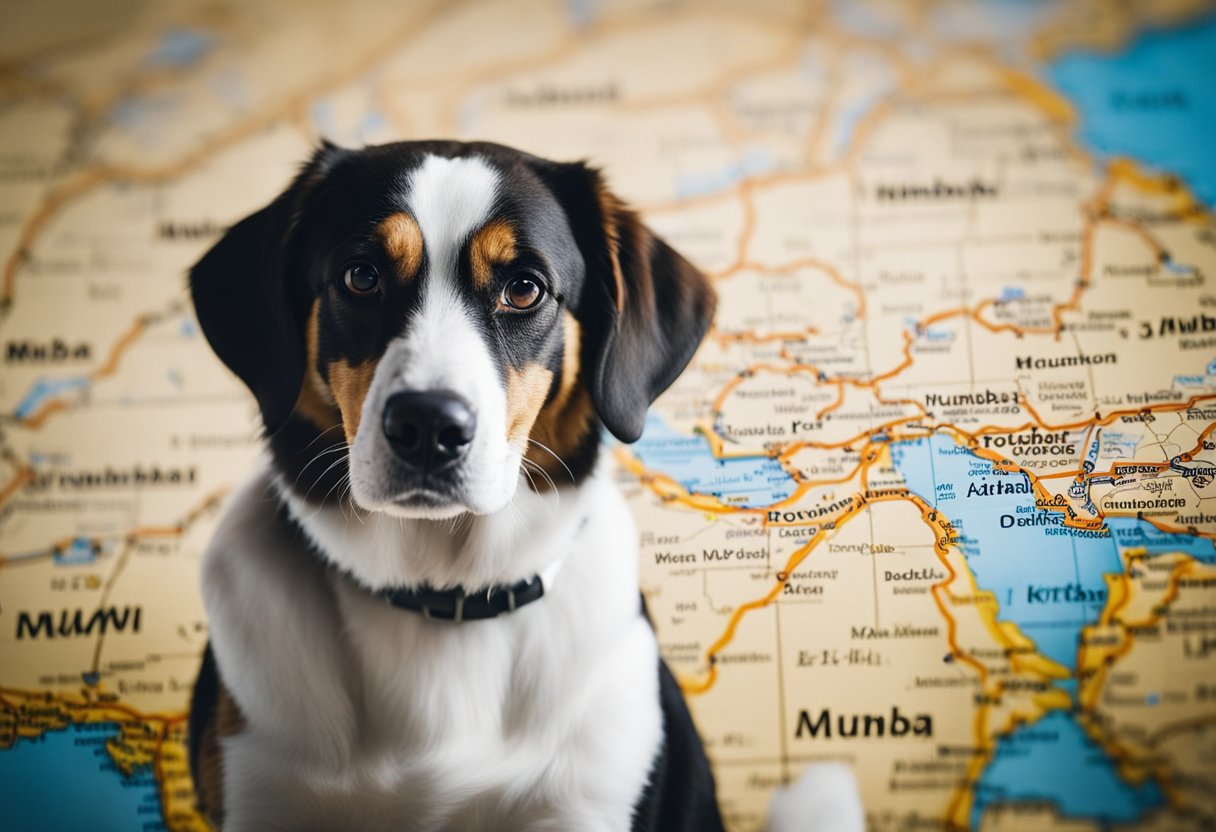 dog in front of map
