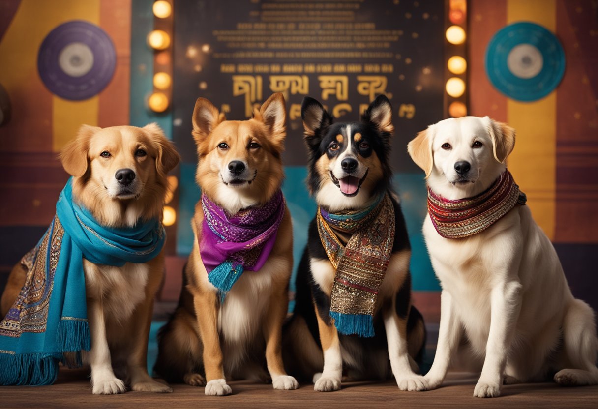 four dogs with indian scarves on