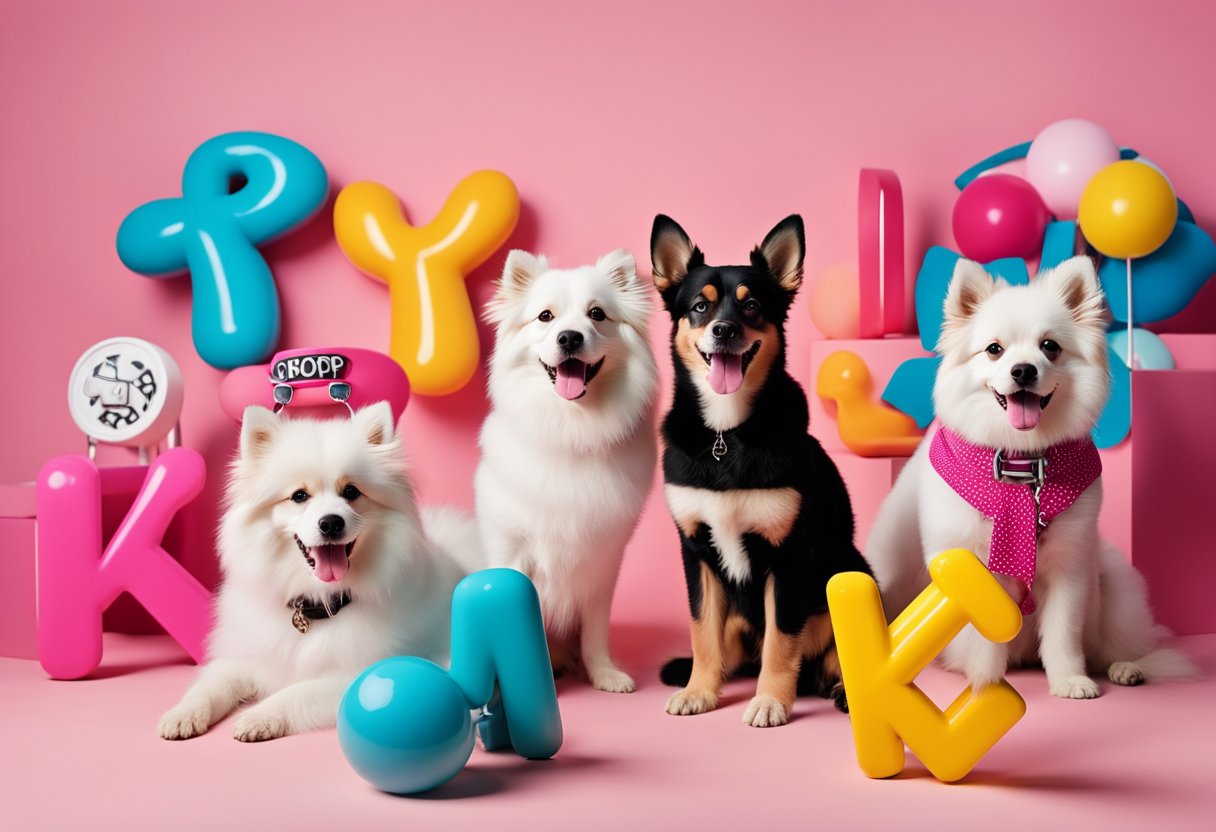 four dogs with pink background and colourful objects