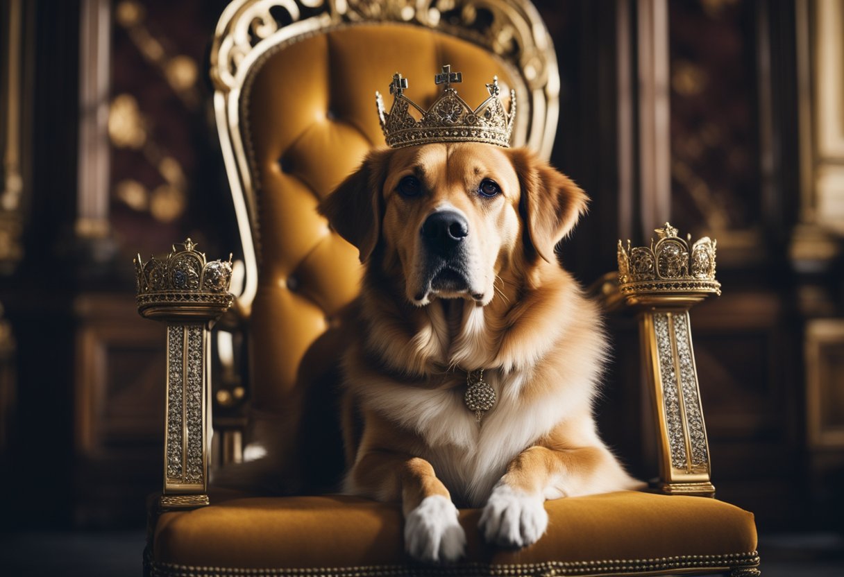 golden retriever sitting on throne with a crown 