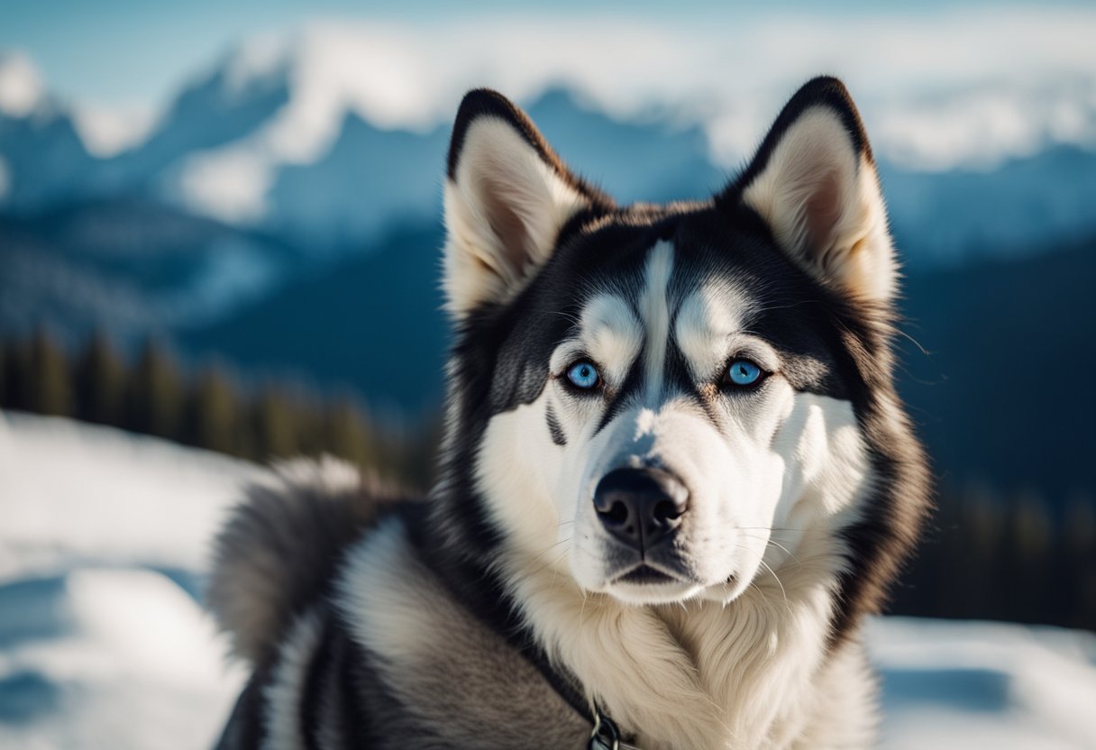 husky with blurred blue mountain background