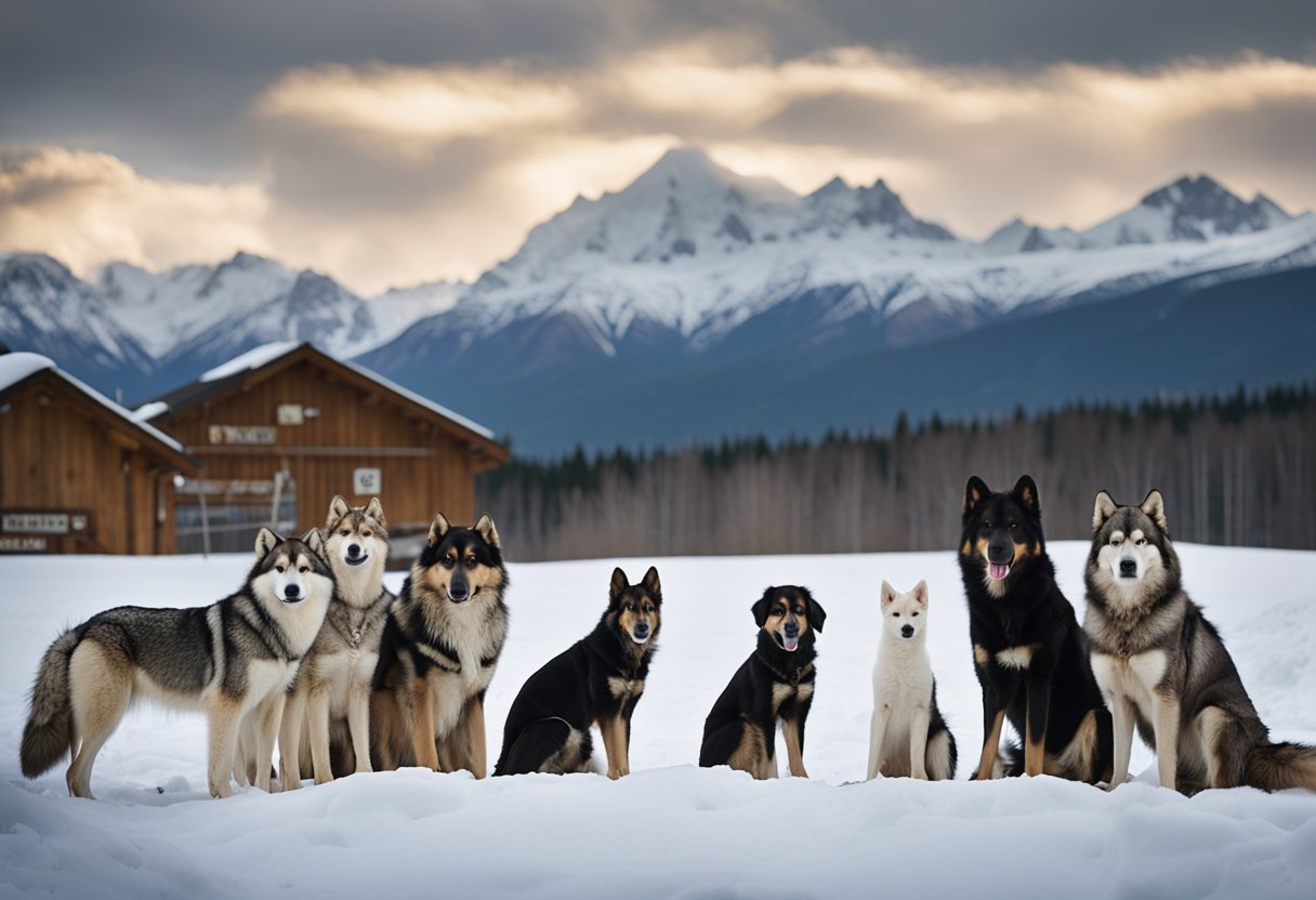 8 dogs with snowy mountain backdrop