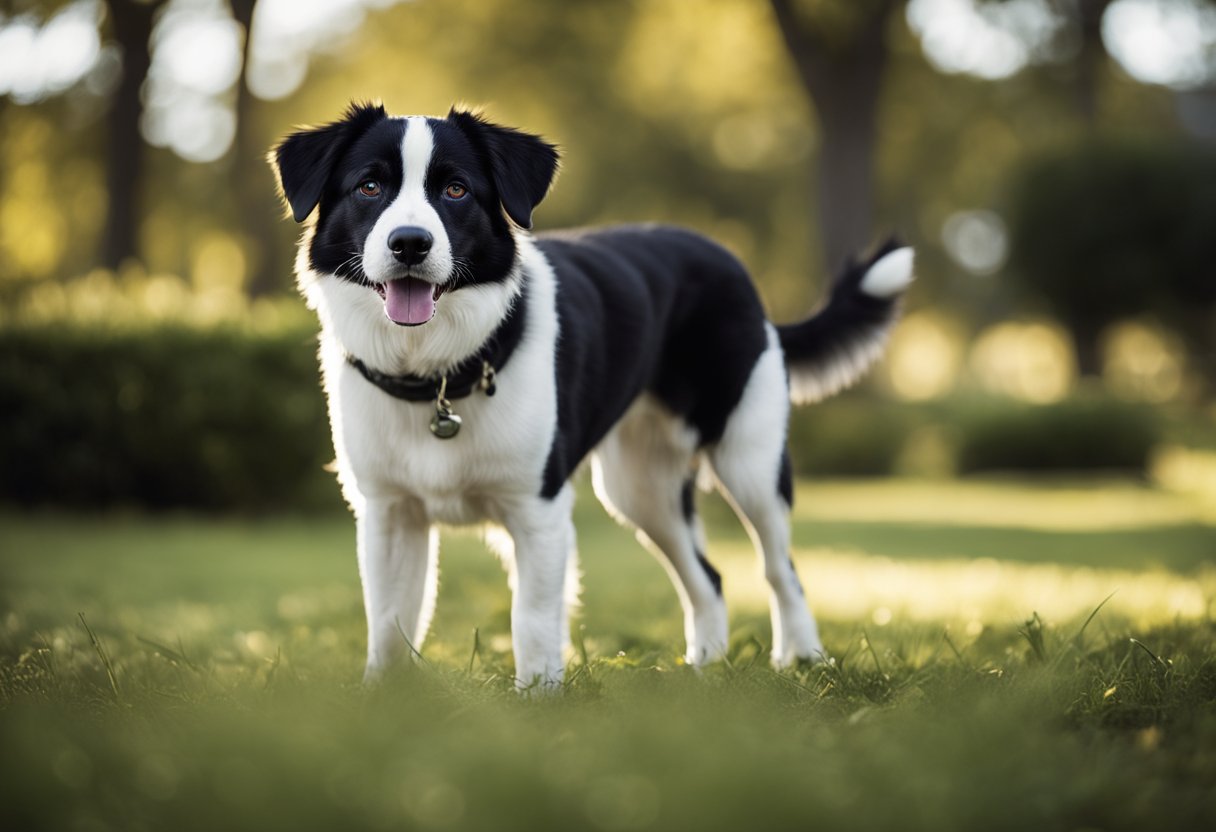 black and white dog in backyard