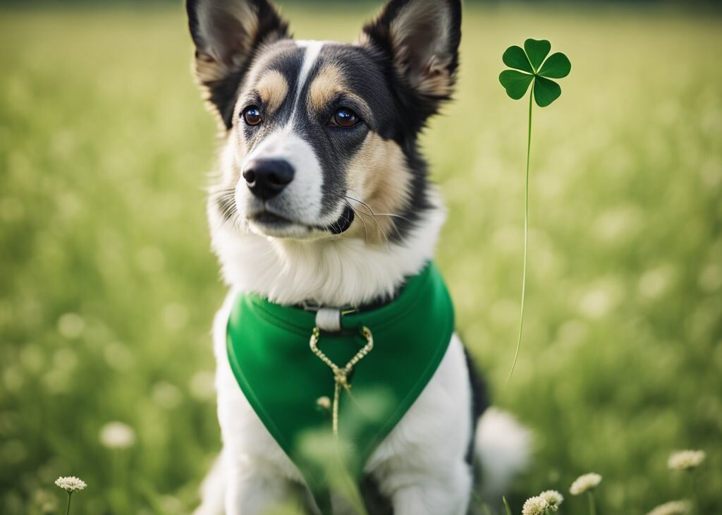 dog wearing green harness with four leaf clover