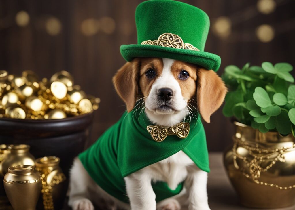 dog with pot of gold, four leaf clover and a green top hat