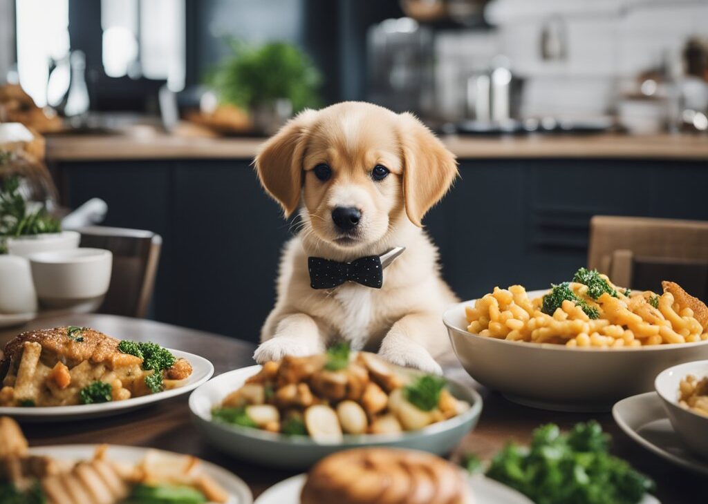 labrador puppy with bowls of food