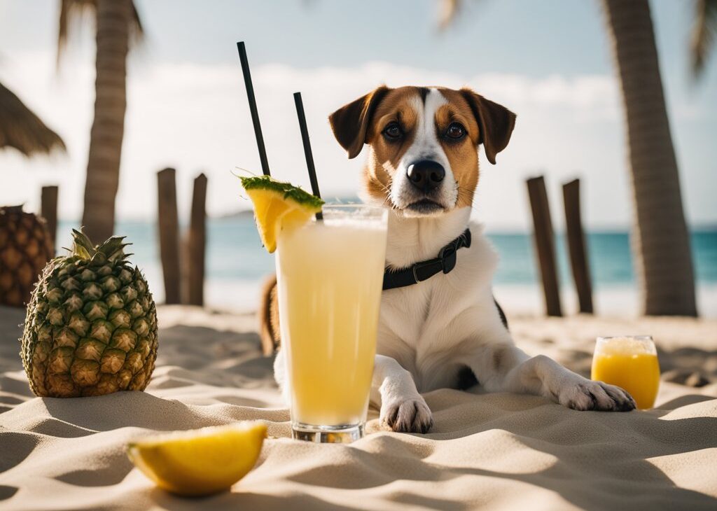 dog with pina colada drink