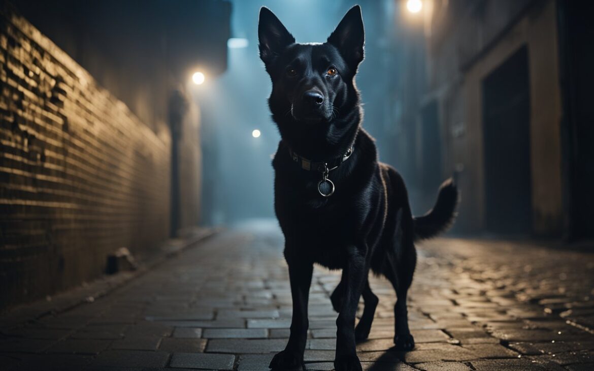 black dog in dark lane