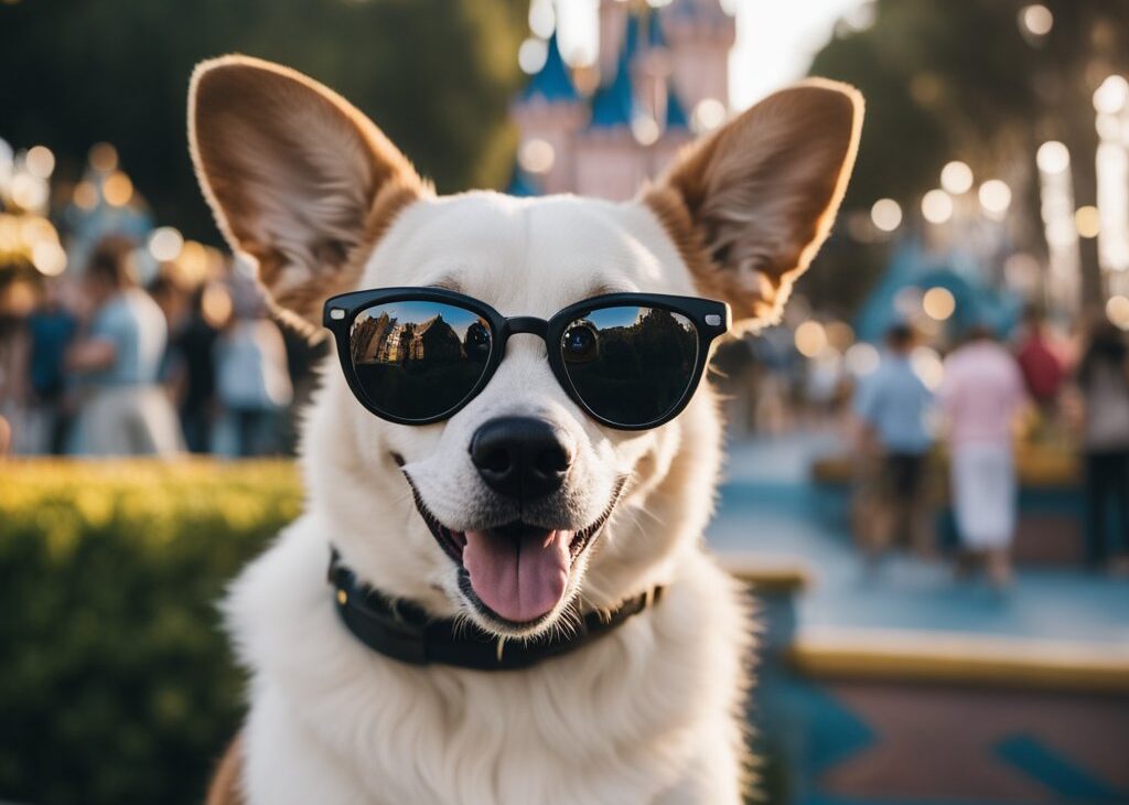 dog wearing sunglasses at disneyland