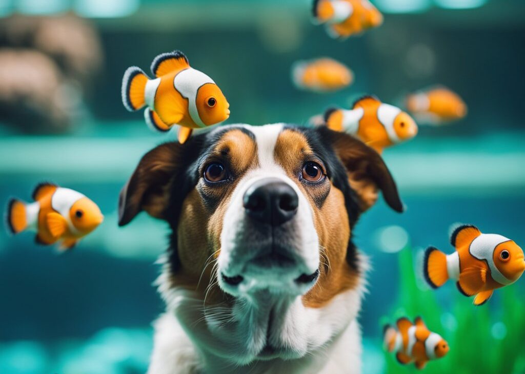 dog watching fish tank full of clown fish