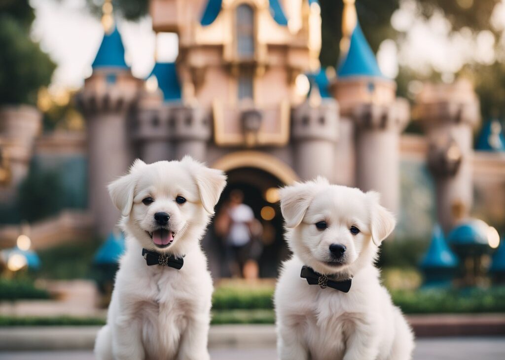 two puppies with disneyland castle