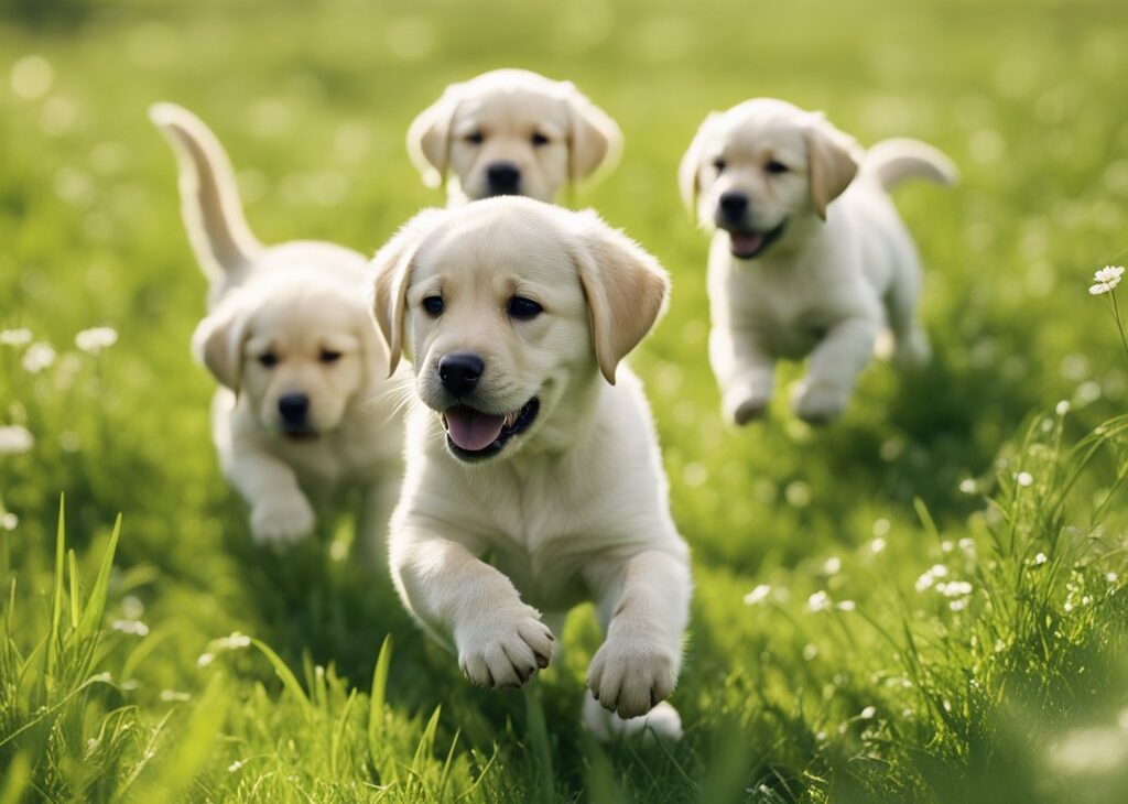 four labrador puppies running in grass