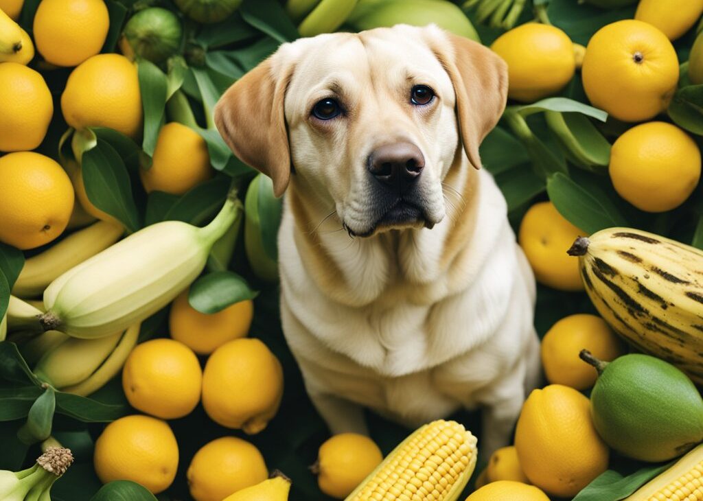 yellow labrador with lemons