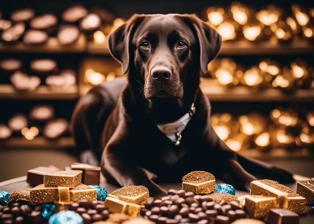 brown labrador surrounded by chocolates
