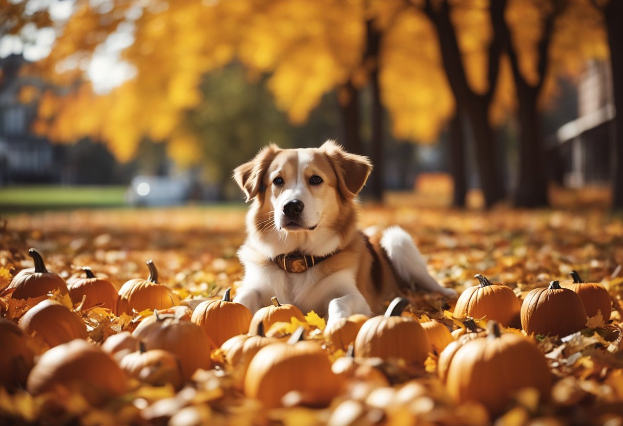 dog with pumpkins and autumn leaves
