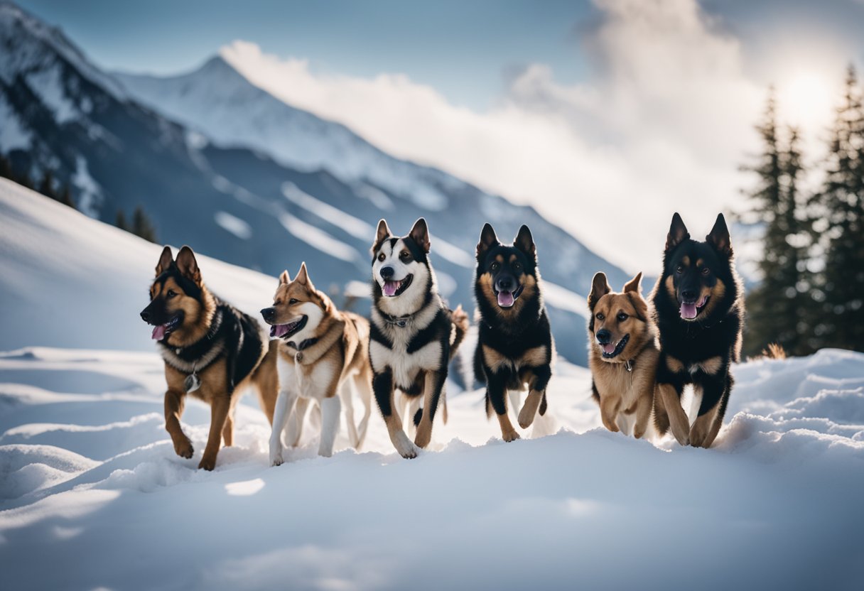 six dogs in the snowy mountains
