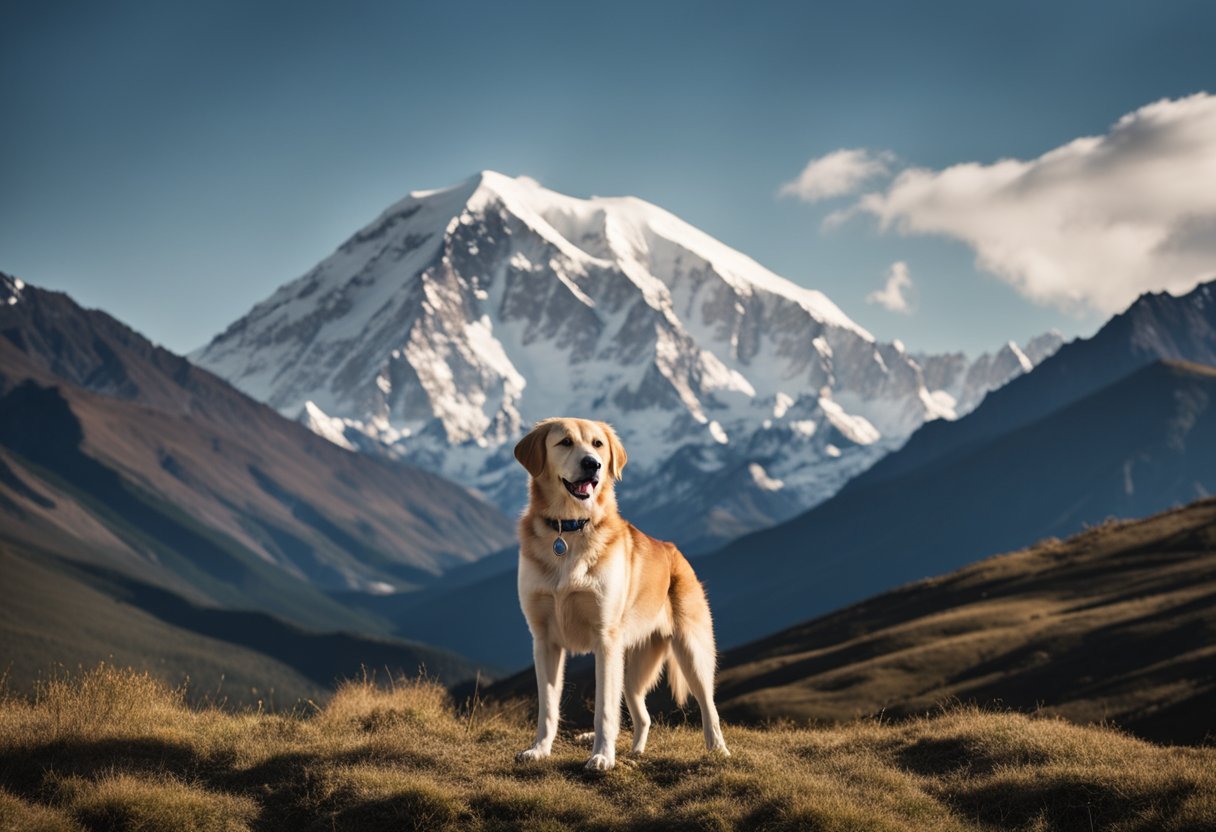 dog in front of a mountain