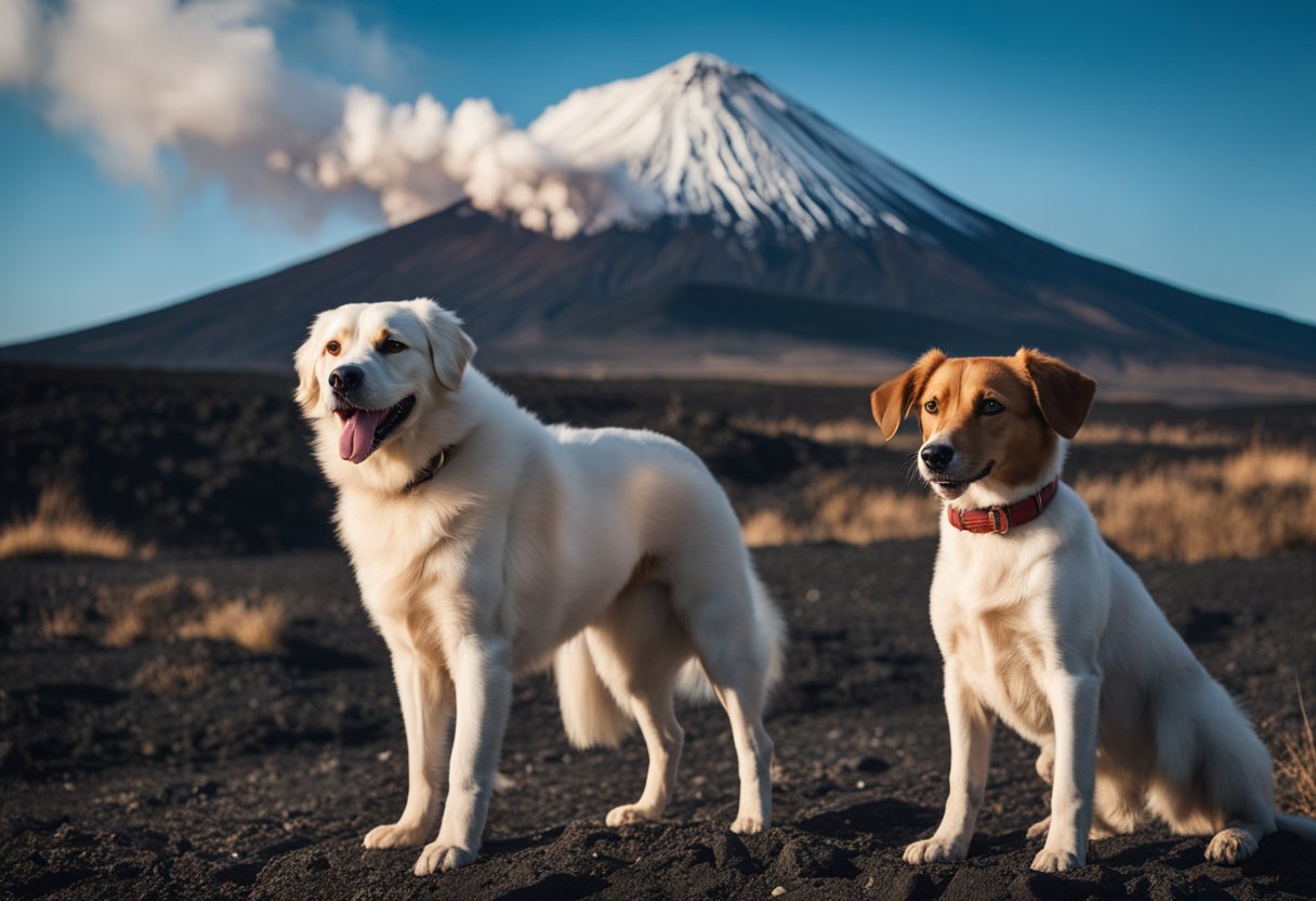 two dogs in front of a volcano