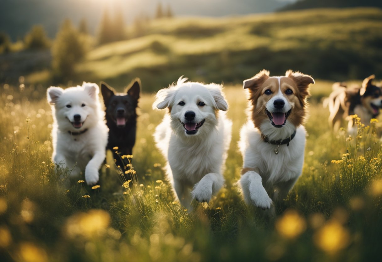 four dogs running in a field