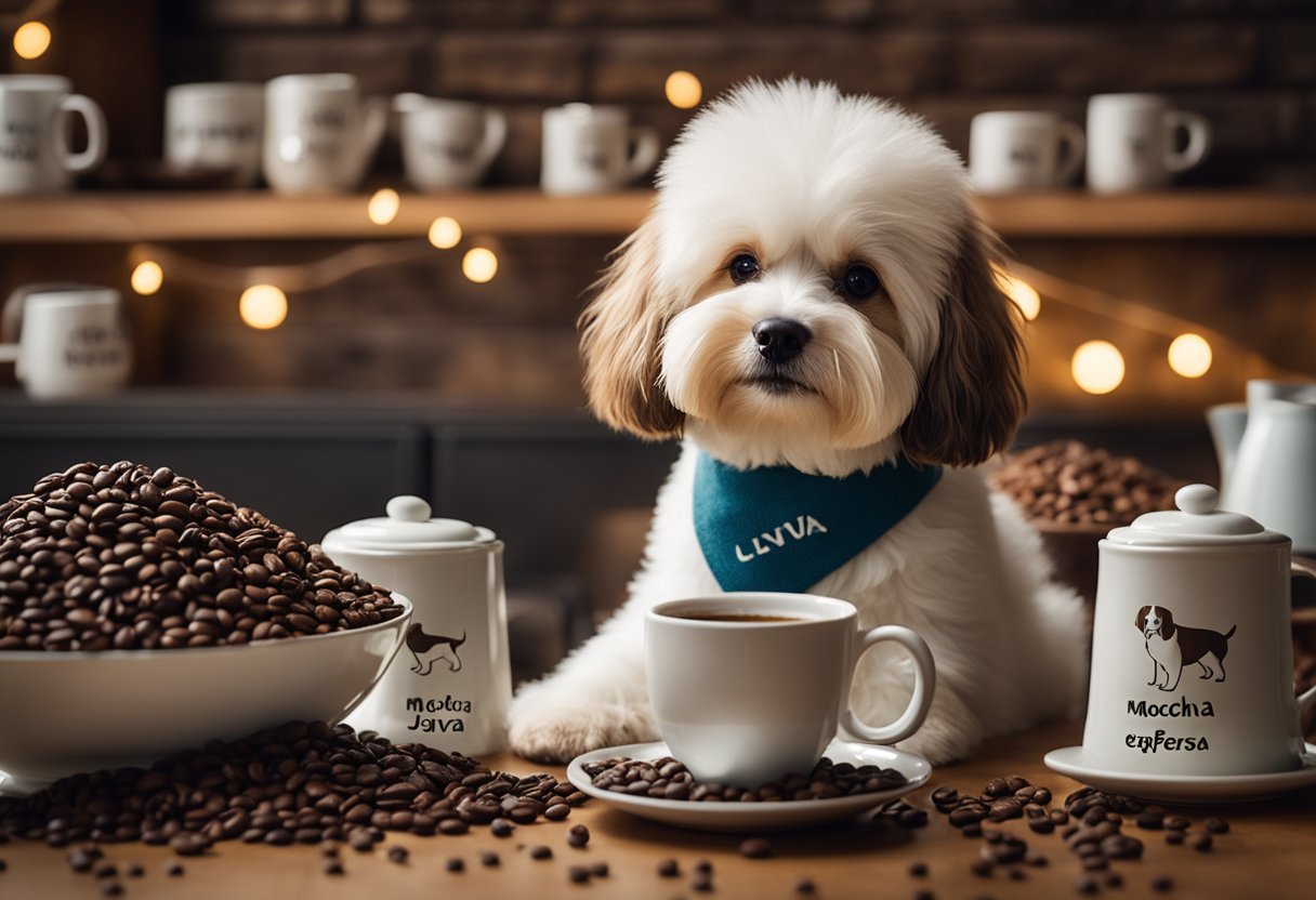 dog in a cafe with coffee beans