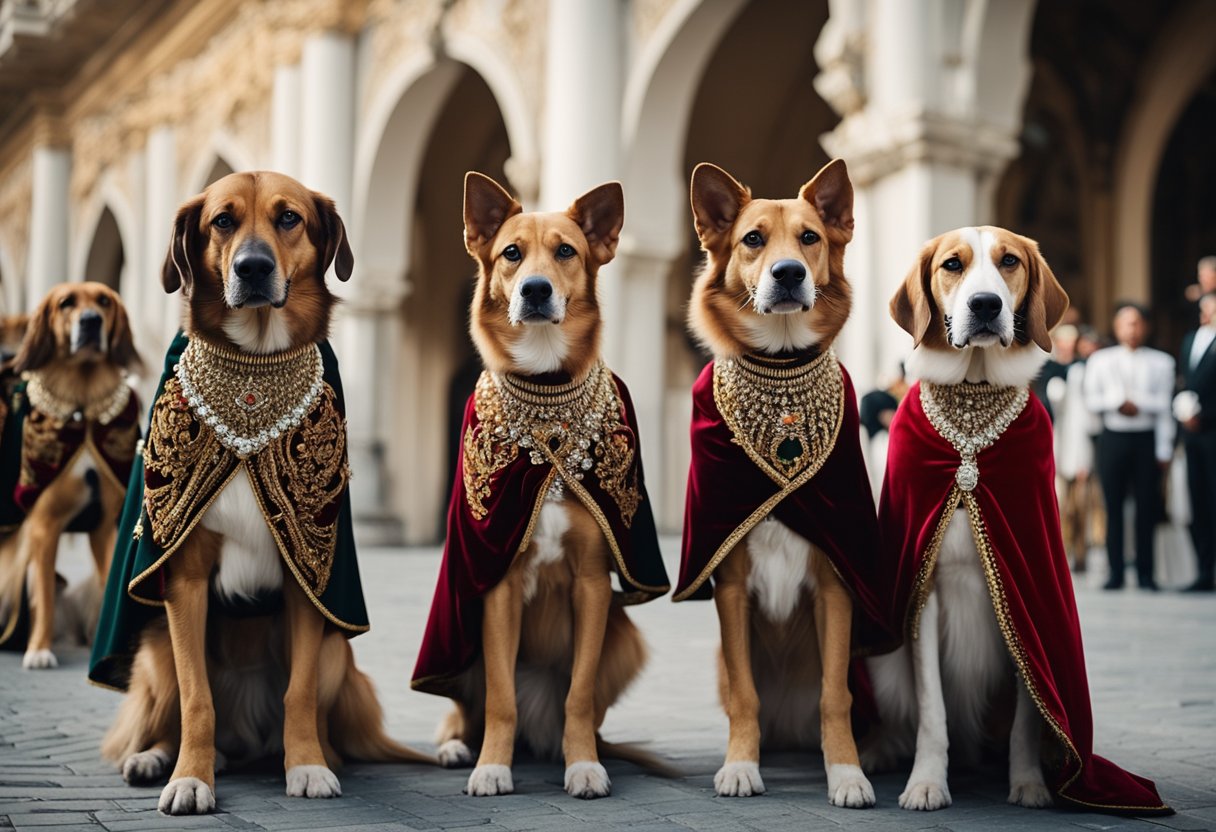 four dogs wearing red velvet cloaks with jewels