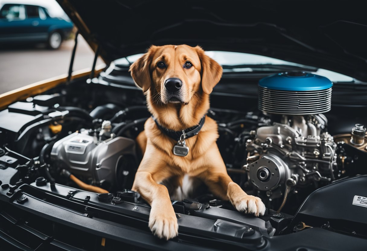 dog sitting in car engine